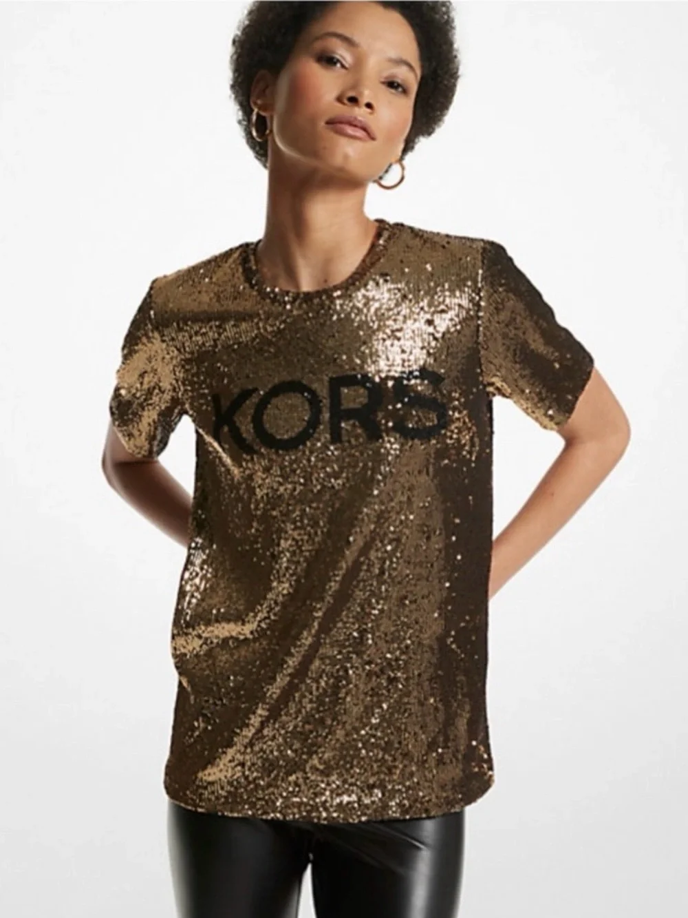 Michael Kors Metallic Gold Sequin Logo Short Sleeve Tee